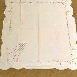 Vintage Embroidered White TableclothTable Topper 32” x 34”